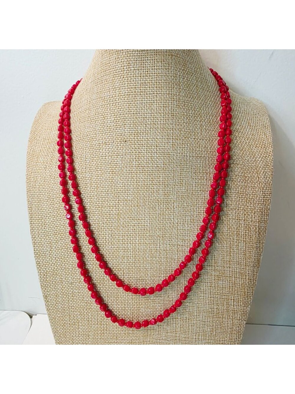 Vtg Long Mini Red Crystal Bead Double Wrap Necklace Boho Rockabilly Retro